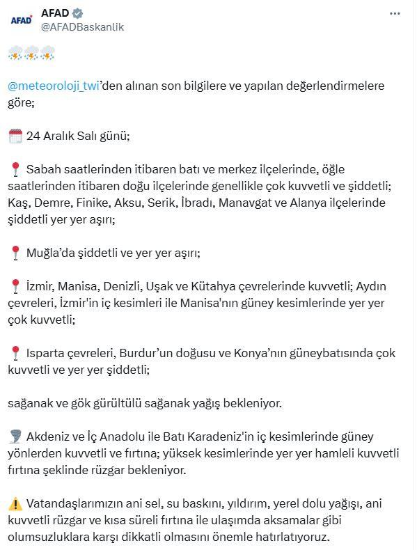 AFAD'dan Yağış Uyarısı