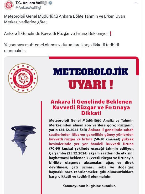 Ankara Valiliği'nden Rüzgar Uyarısı