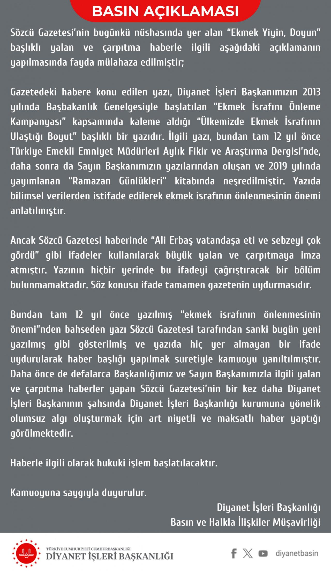 Sözcü için hesap vakti! Ekmek palavrasıyla ilgili harekete geçildi! Diyanet'ten açıklama