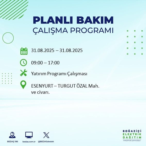 İstanbul’da elektrik dağıtımında planlı kesintiler hakkında bilgilendirme