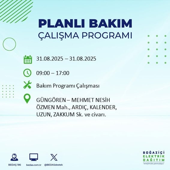 İstanbul’da elektrik dağıtımında planlı kesintiler hakkında bilgilendirme